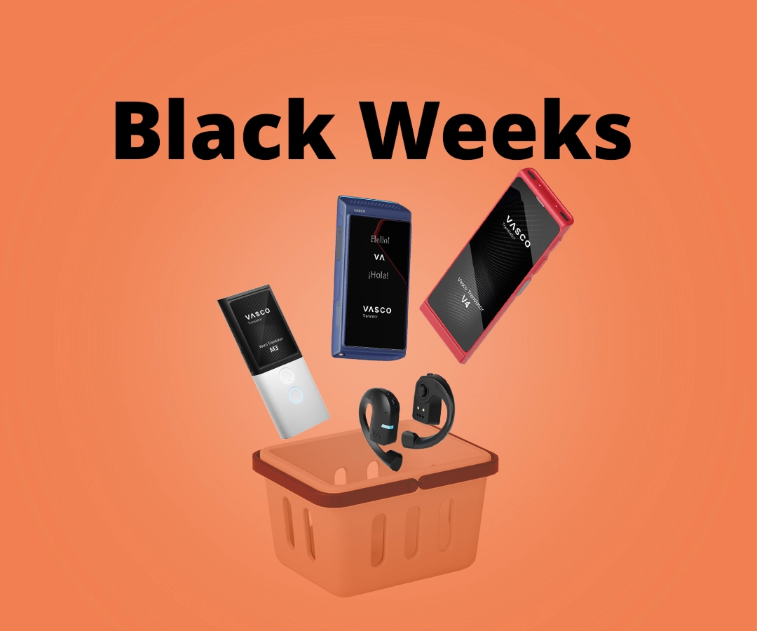 Les traducteurs Vasco V4, Q1, M3 et E1 tombant dans un panier d'achat sur fond orange. « Black Weeks » écrit en arrière-plan.